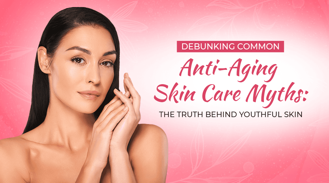 Anti-aging treatments demonstration showing a woman's face with circular callouts highlighting different skin areas