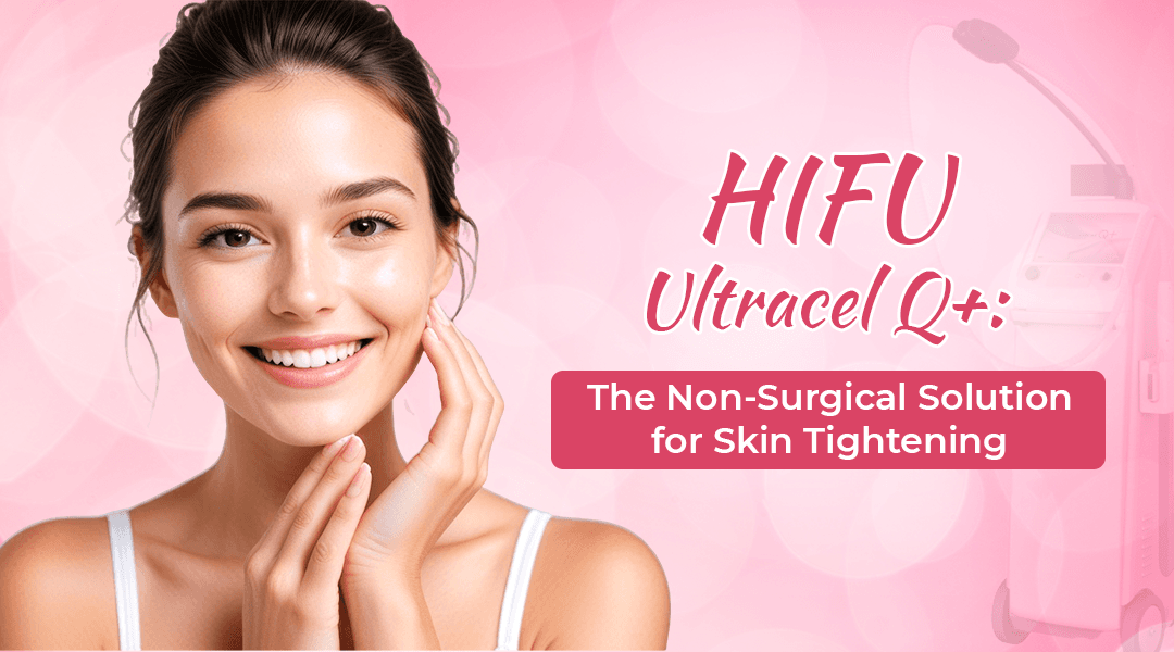 Anti-aging treatments demonstration showing a woman's face with circular callouts highlighting different skin areas