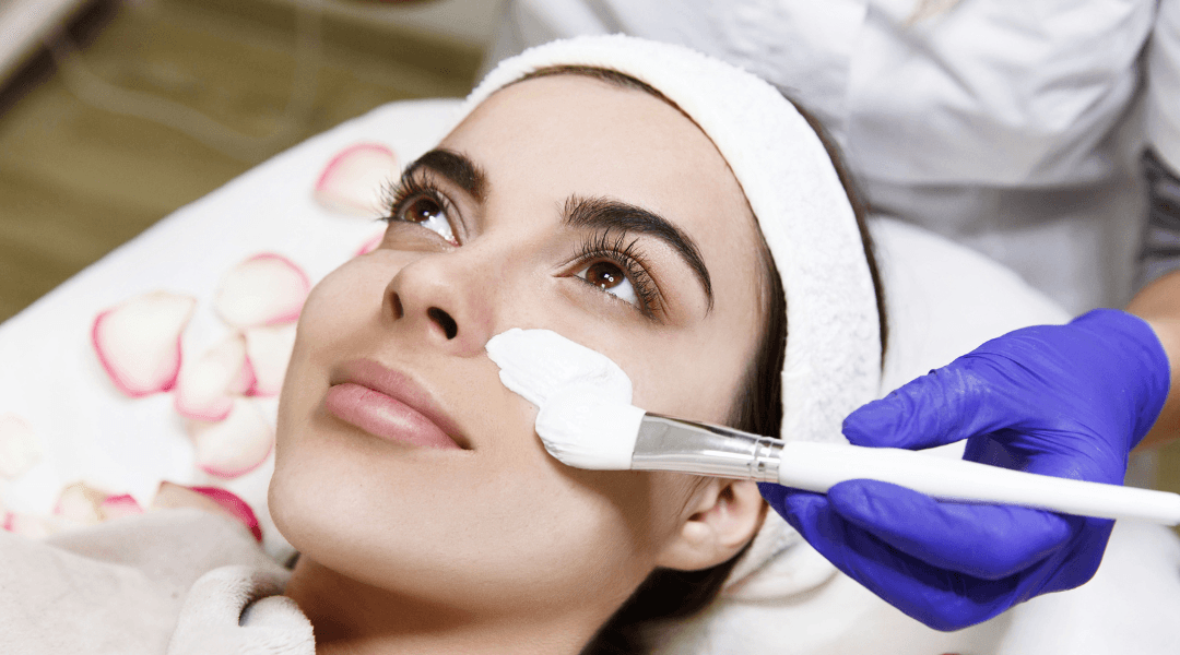 Anti-aging treatments demonstration showing a woman's face with circular callouts highlighting different skin areas