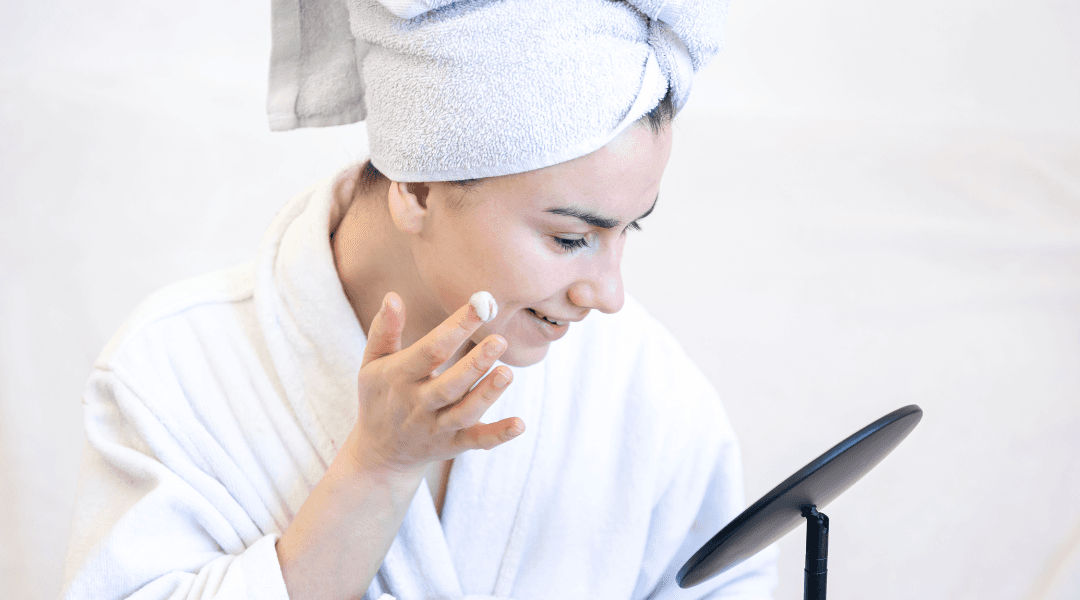 Anti-aging treatments demonstration showing a woman's face with circular callouts highlighting different skin areas