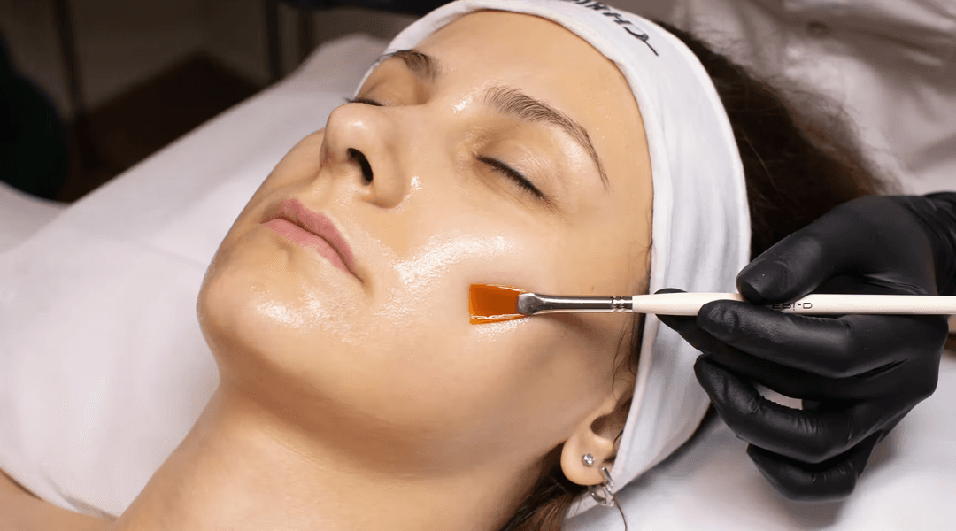 Anti-aging treatments demonstration showing a woman's face with circular callouts highlighting different skin areas