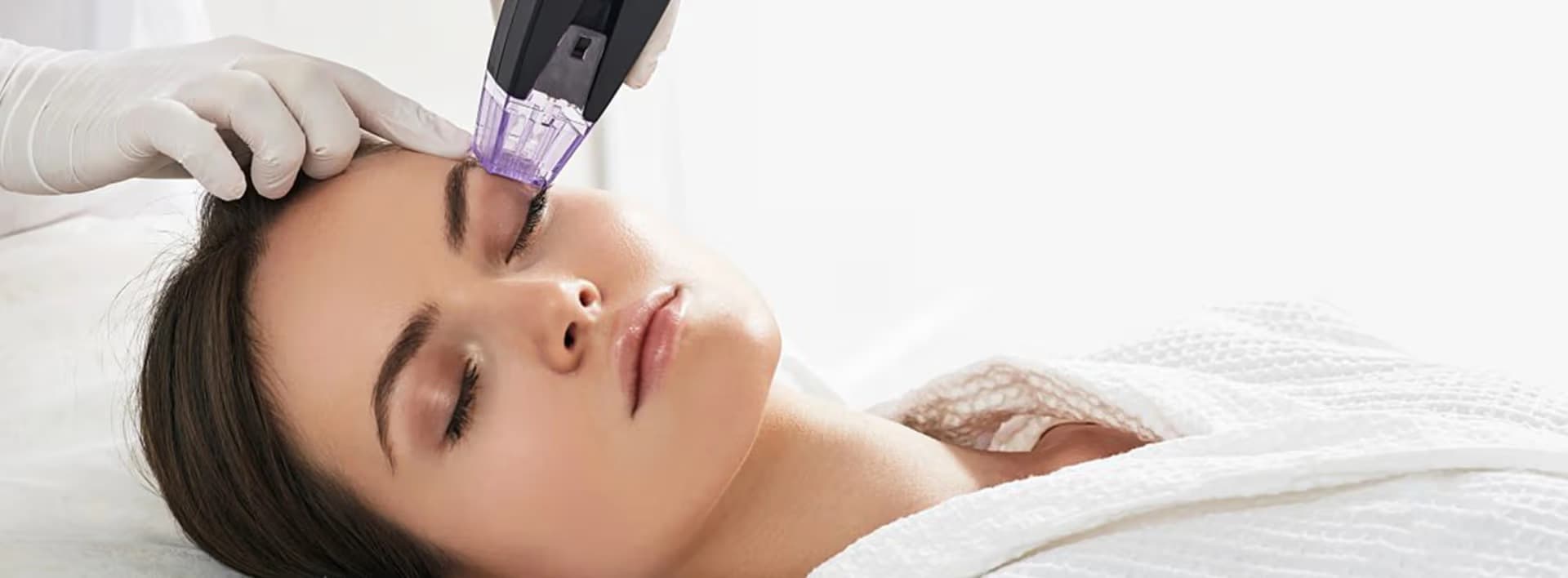 Anti-aging treatments demonstration showing a woman's face with circular callouts highlighting different skin areas