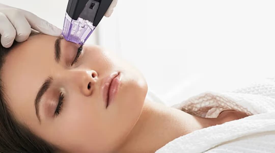 Anti-aging treatments demonstration showing a woman's face with circular callouts highlighting different skin areas